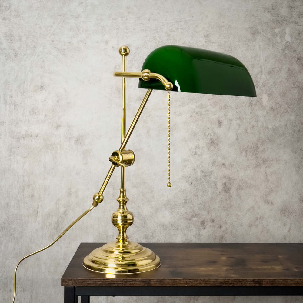 Banker Polished Brass Lamp Green Glass Desk Lamp Elegant Gift for