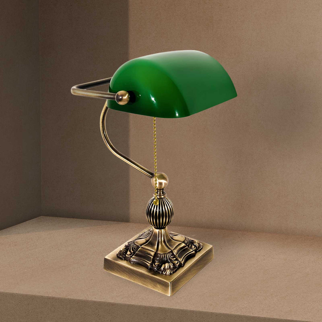Bronze Bankers Lamp Brass Green Glass Art Deco Ghidini 1849