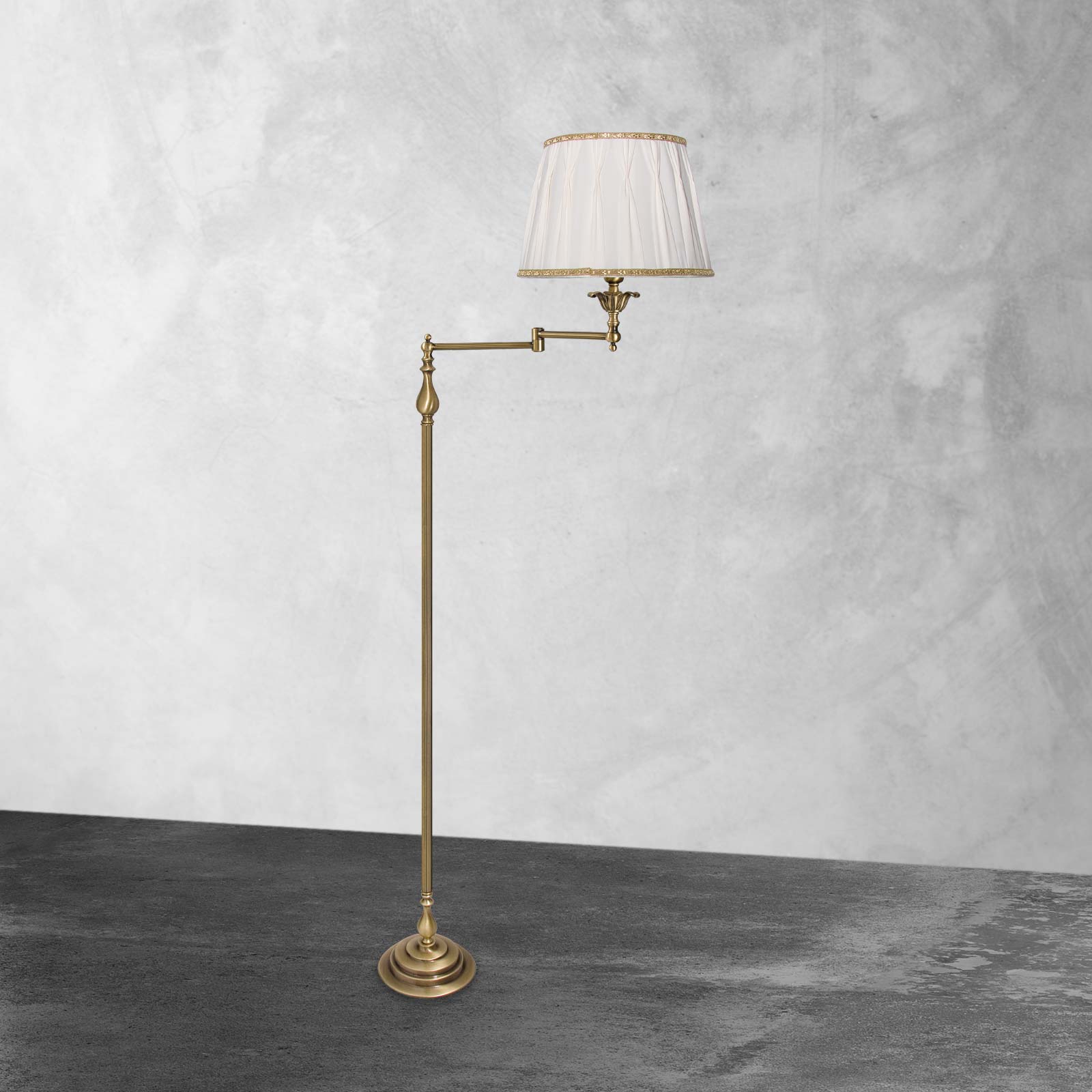 Bronze Swing Arm Floor Lamp Real Brass White Cloth | Ghidini 1849