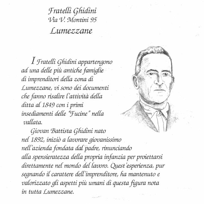 Historical document from the Ghidini family archive with a portrait and text about Lumezzane