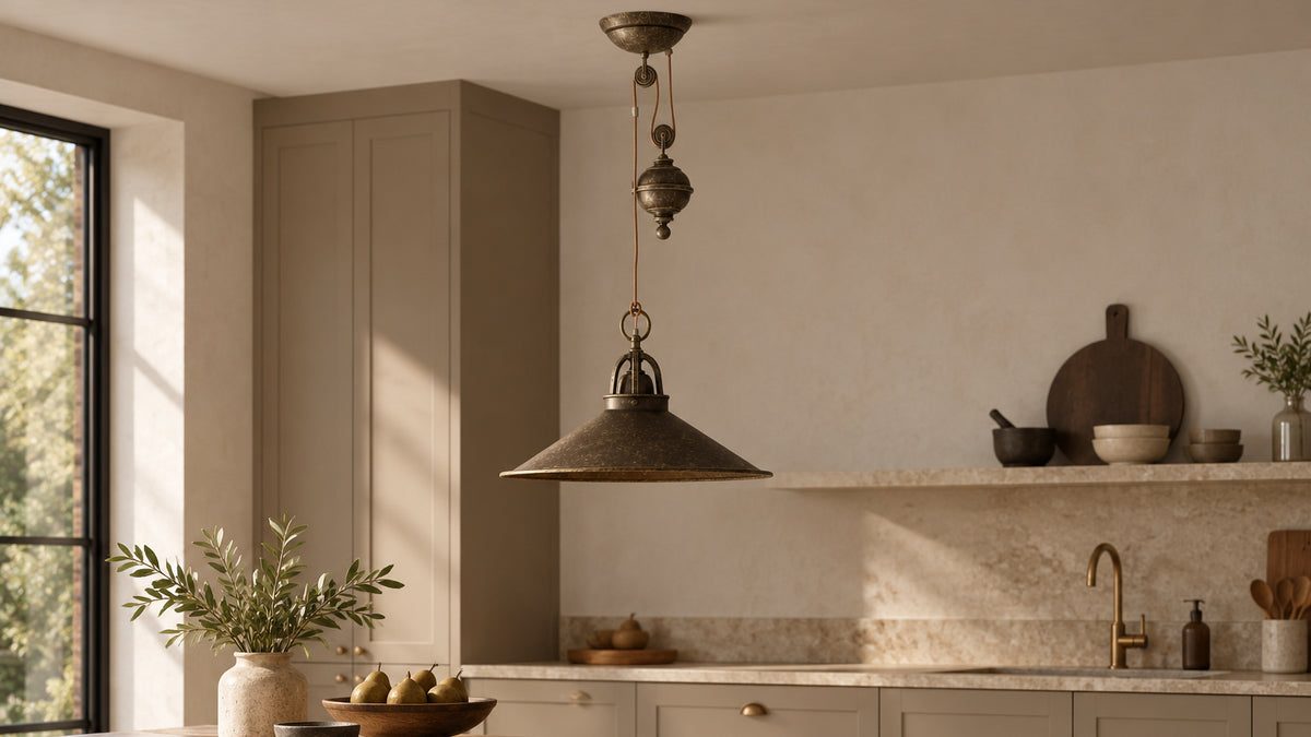 Sospensione Country in ottone scuro con saliscendi e contrappeso sopra un tavolo da cucina in legno.