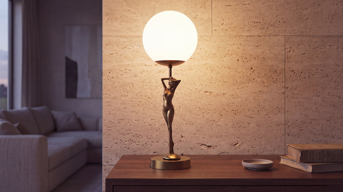 Lampada da tavolo Donne in ottone con scultura femminile e globo opale acceso su una credenza in noce.