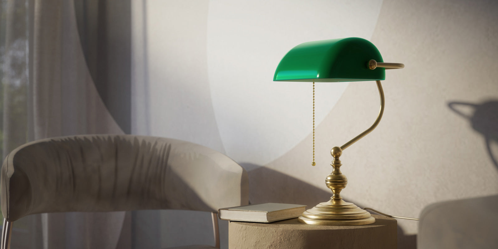 Ghidini 1849 banker’s lamps collection cover, featuring a classic brass and green glass desk lamp in a refined interior with soft lighting and elegant décor.