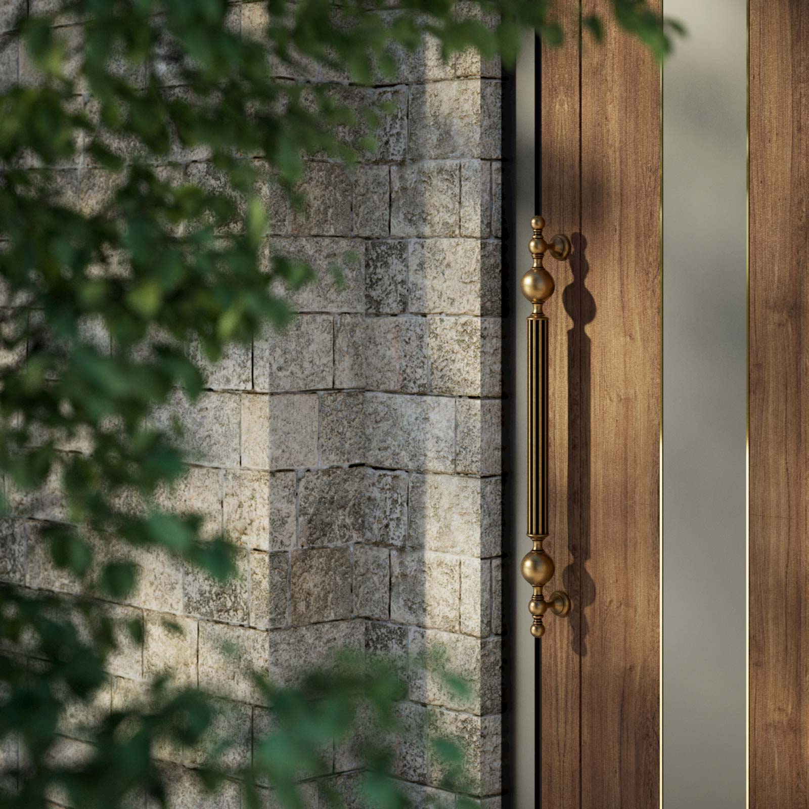 Collection cover image showcasing Ghidini 1849 brass pull handles on a luxury wooden door with a stone wall backdrop, highlighting Italian craftsmanship.