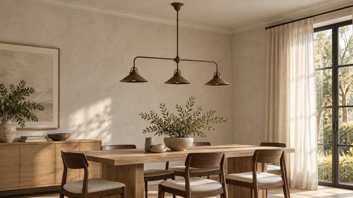 ALICE chandelier in Antique Brass with three conical shades above an oak dining table