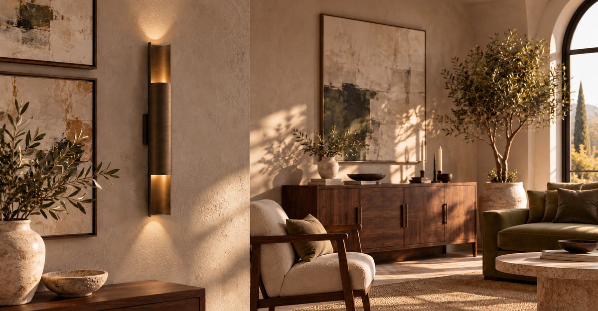 Venere brass wall light in a bronze finish, lit against a plaster wall