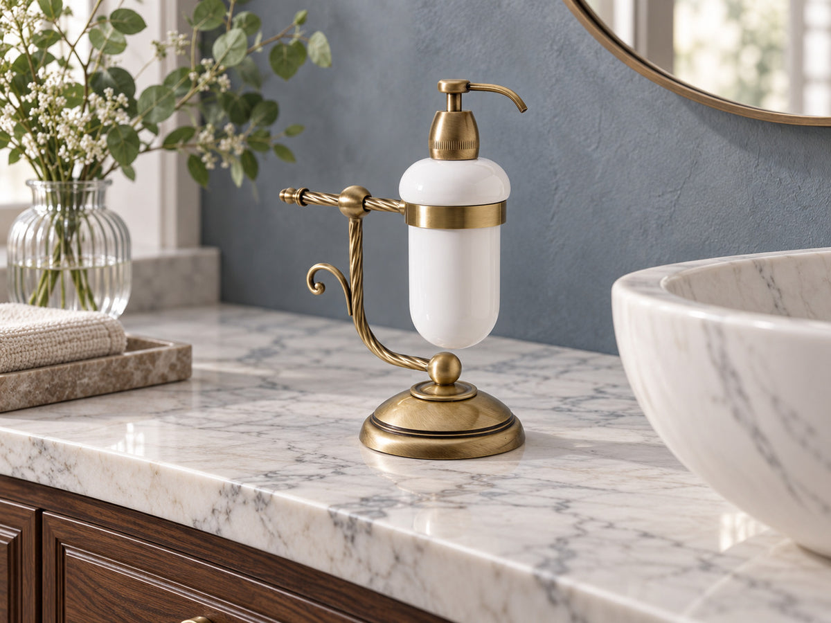 Impero soap dispenser in brass and white ceramic on a stone bathroom counter