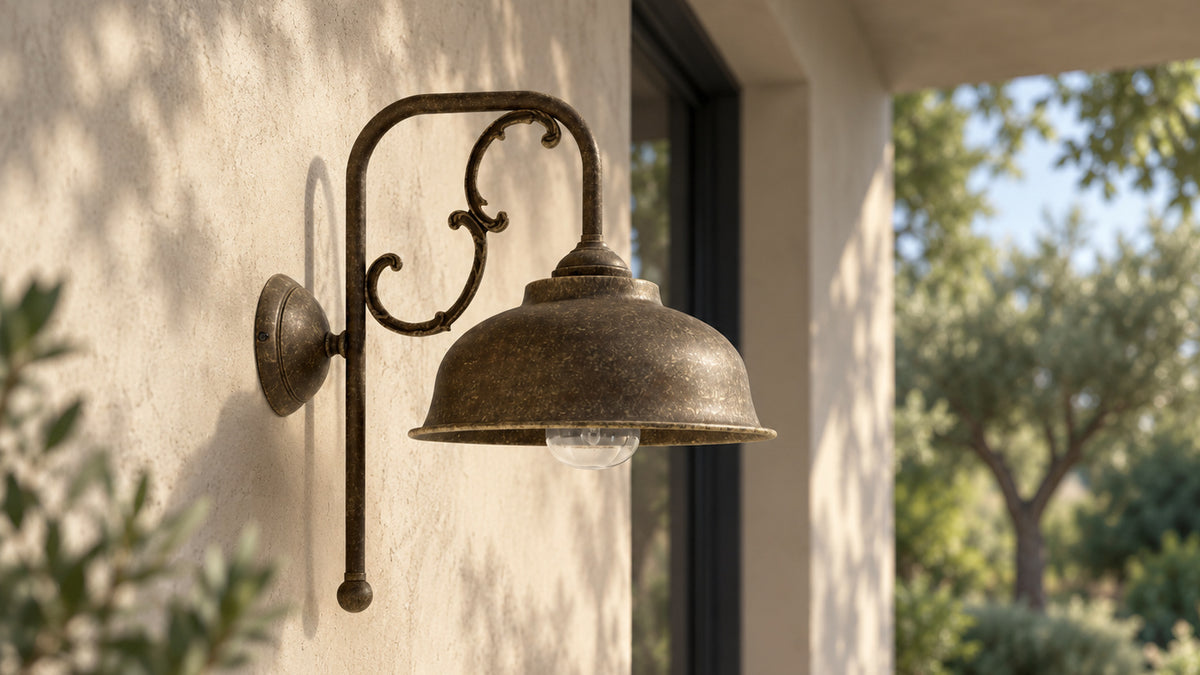 Lipari wall lamp in antique brass beside a dark window on a garden portico.