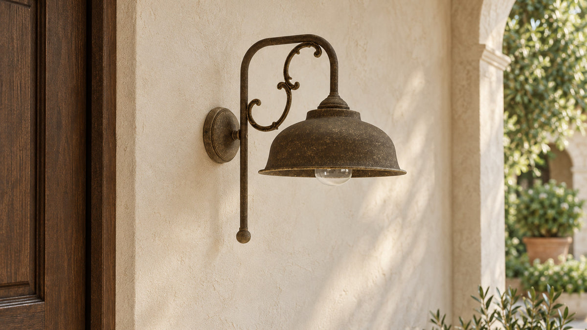 Applique Lipari en laiton vieilli, avec abat-jour en dôme et volutes décoratives, près d’une porte en bois sous une loggia.