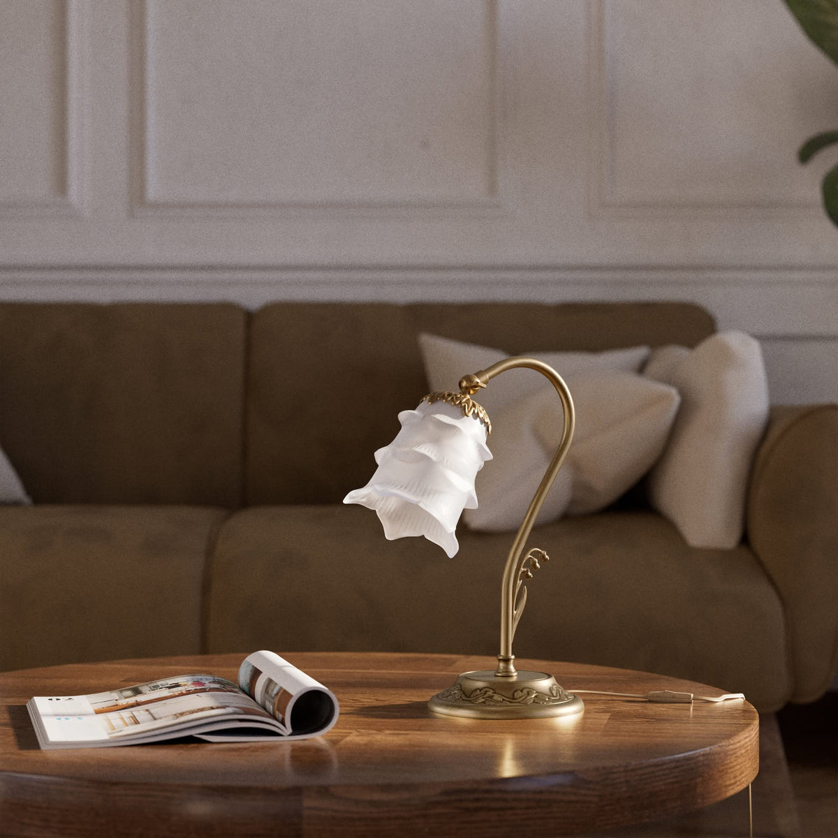 Art Nouveau table lamp with frosted glass flower shade, decorated brass base with botanical motifs, Italian design by Ghidini 1849 - Finish: OBS Bronze Satin Brass