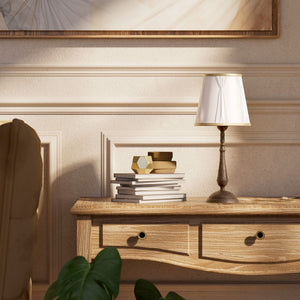 Classic brass table lamp with ivory fabric shade and decorative trims, round base and turned stem by Ghidini 1849 - Dimension/Finish: Medium / OAS Antique Brass