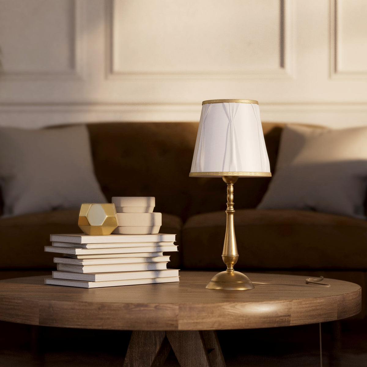 Classic brass table lamp with ivory fabric shade and decorative trims, round base and turned stem by Ghidini 1849 - Dimension/Finish: Medium / OBS Bronze Satin Brass