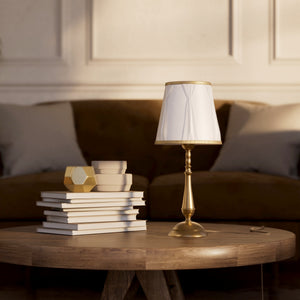 Classic brass table lamp with ivory fabric shade and decorative trims, round base and turned stem by Ghidini 1849 - Dimension/Finish: Medium / OBS Bronze Satin Brass