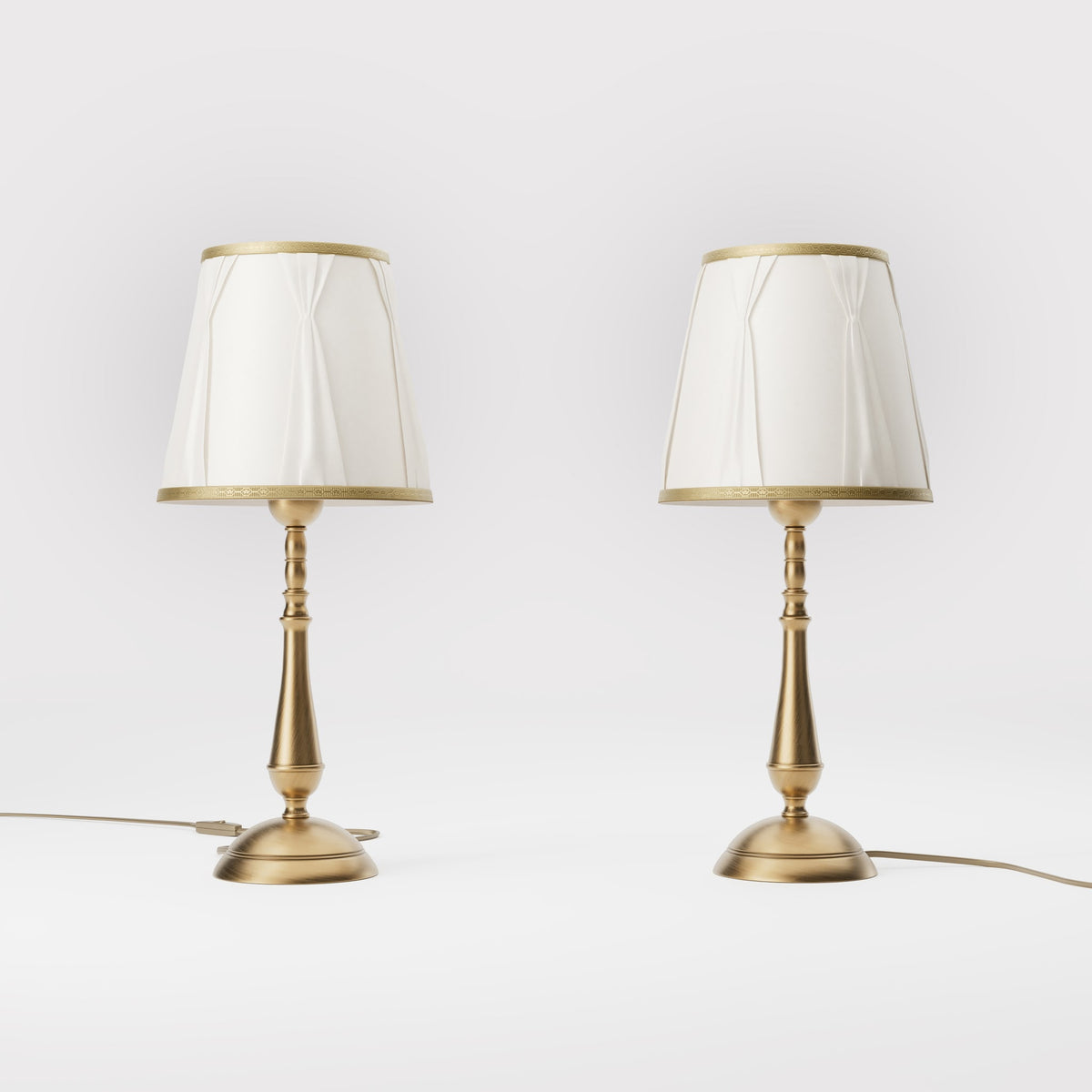 Classic brass table lamp with ivory fabric shade and decorative trims, round base and turned stem by Ghidini 1849 - Dimension/Finish: Medium / OBS Bronze Satin Brass