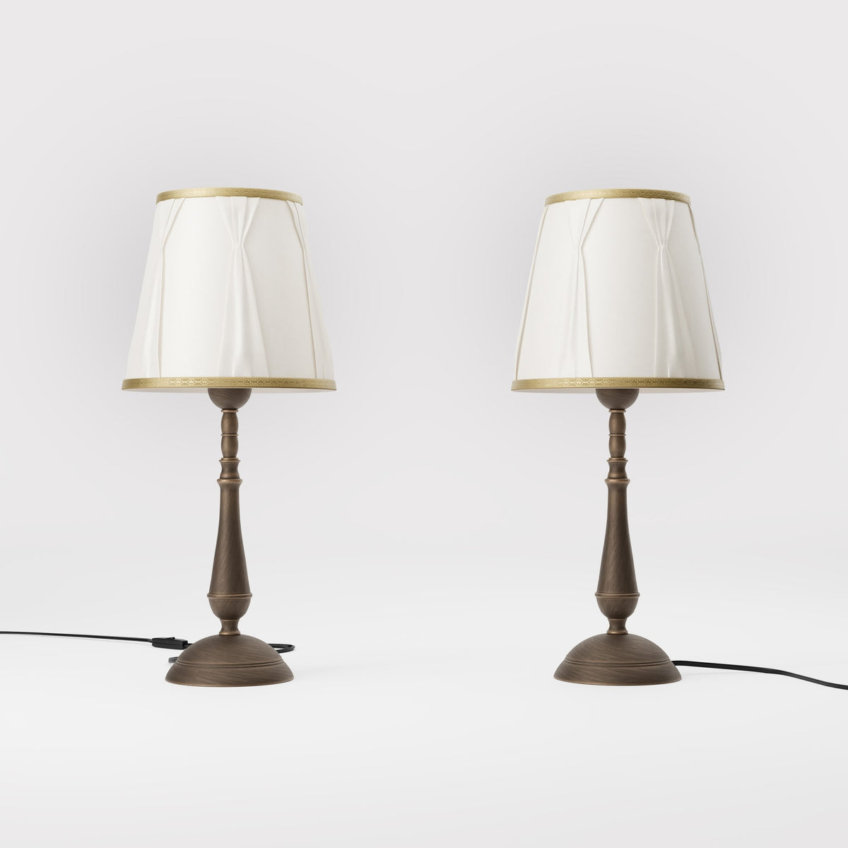 Classic brass table lamp with ivory fabric shade and decorative trims, round base and turned stem by Ghidini 1849 - Dimension/Finish: Medium / OBM Bronze Satin Matt Brass