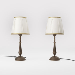 Classic brass table lamp with ivory fabric shade and decorative trims, round base and turned stem by Ghidini 1849 - Dimension/Finish: Medium / OBM Bronze Satin Matt Brass