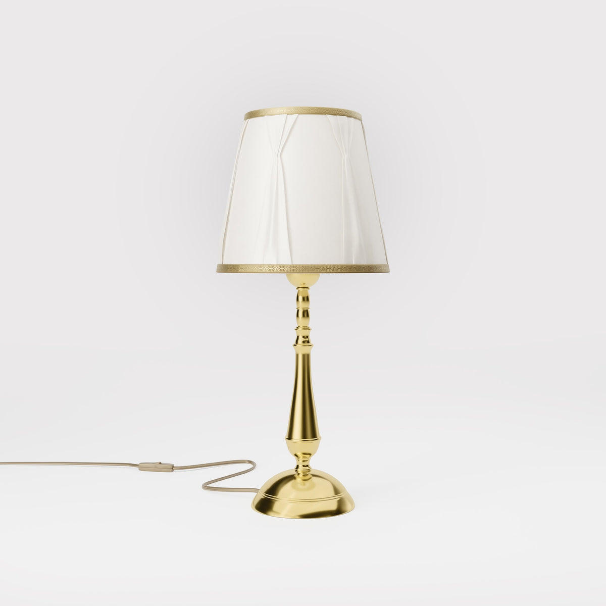 Classic brass table lamp with ivory fabric shade and decorative trims, round base and turned stem by Ghidini 1849 - Dimension/Finish: Medium / OLV Polished Brass
