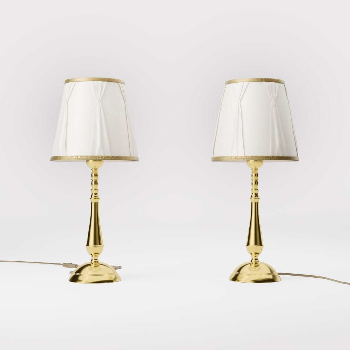 Classic brass table lamp with ivory fabric shade and decorative trims, round base and turned stem by Ghidini 1849 - Dimension/Finish: Medium / OLV Polished Brass