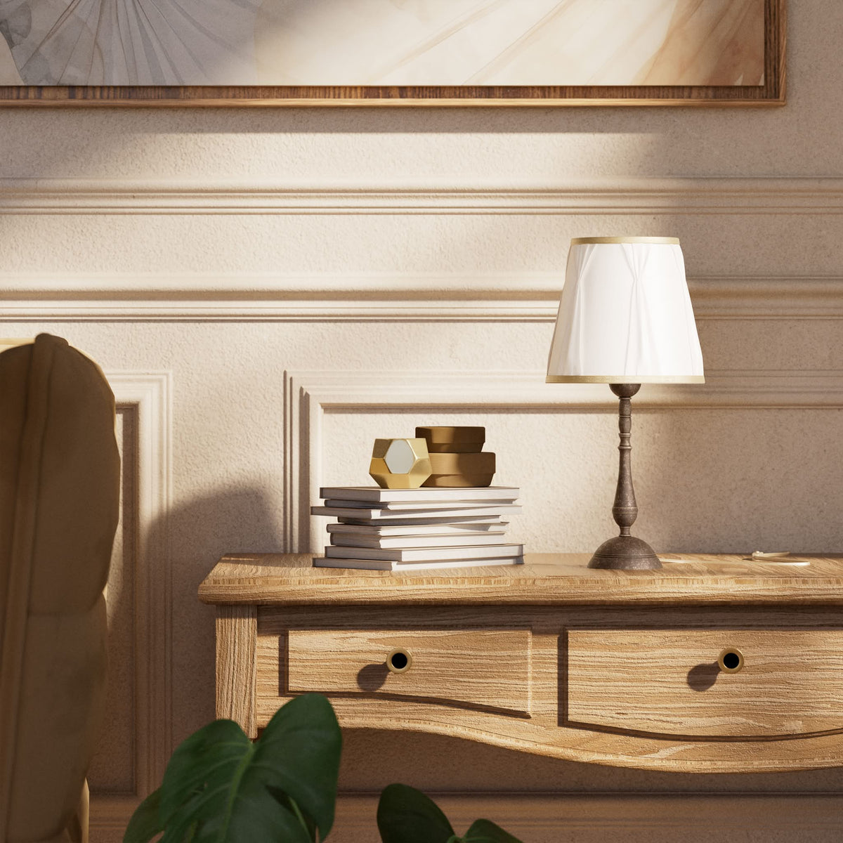 Classic brass table lamp with ivory fabric shade and decorative trims, round base and turned stem by Ghidini 1849 - Dimension/Finish: Small / OAS Antique Brass