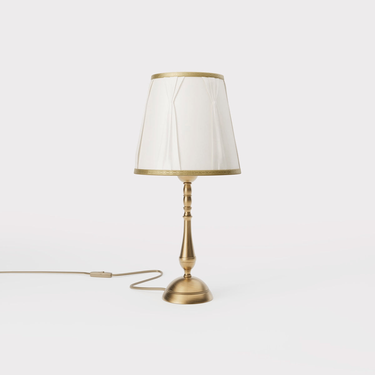 Classic brass table lamp with ivory fabric shade and decorative trims, round base and turned stem by Ghidini 1849 - Dimension/Finish: Small / OBS Bronze Satin Brass