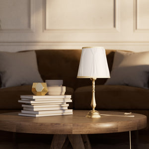 Classic brass table lamp with ivory fabric shade and decorative trims, round base and turned stem by Ghidini 1849 - Dimension/Finish: Small / OBS Bronze Satin Brass