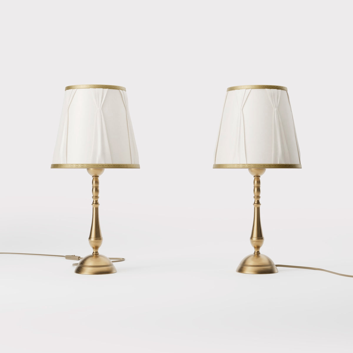 Classic brass table lamp with ivory fabric shade and decorative trims, round base and turned stem by Ghidini 1849 - Dimension/Finish: Small / OBS Bronze Satin Brass