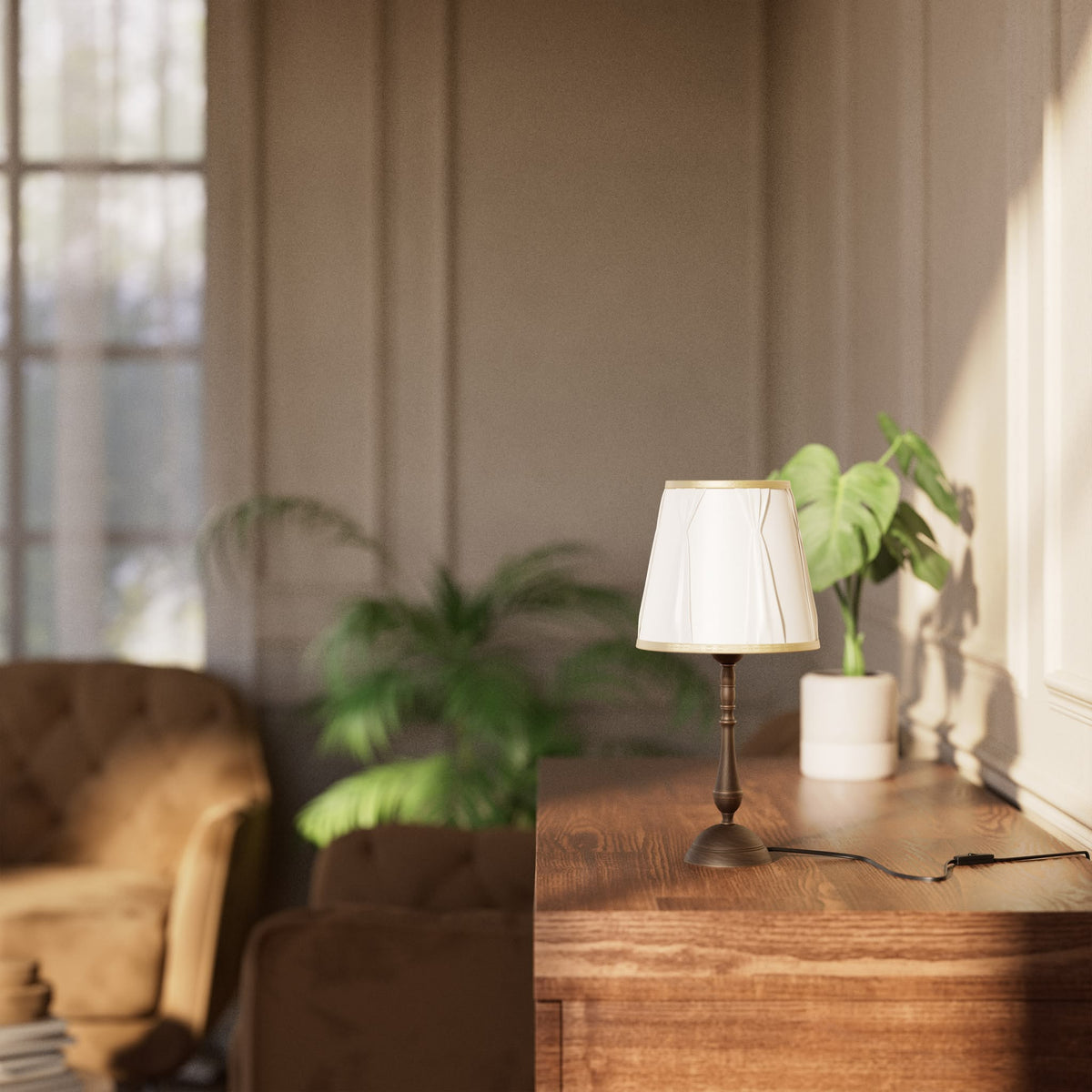 Classic brass table lamp with ivory fabric shade and decorative trims, round base and turned stem by Ghidini 1849 - Dimension/Finish: Small / OBM Bronze Satin Matt Brass