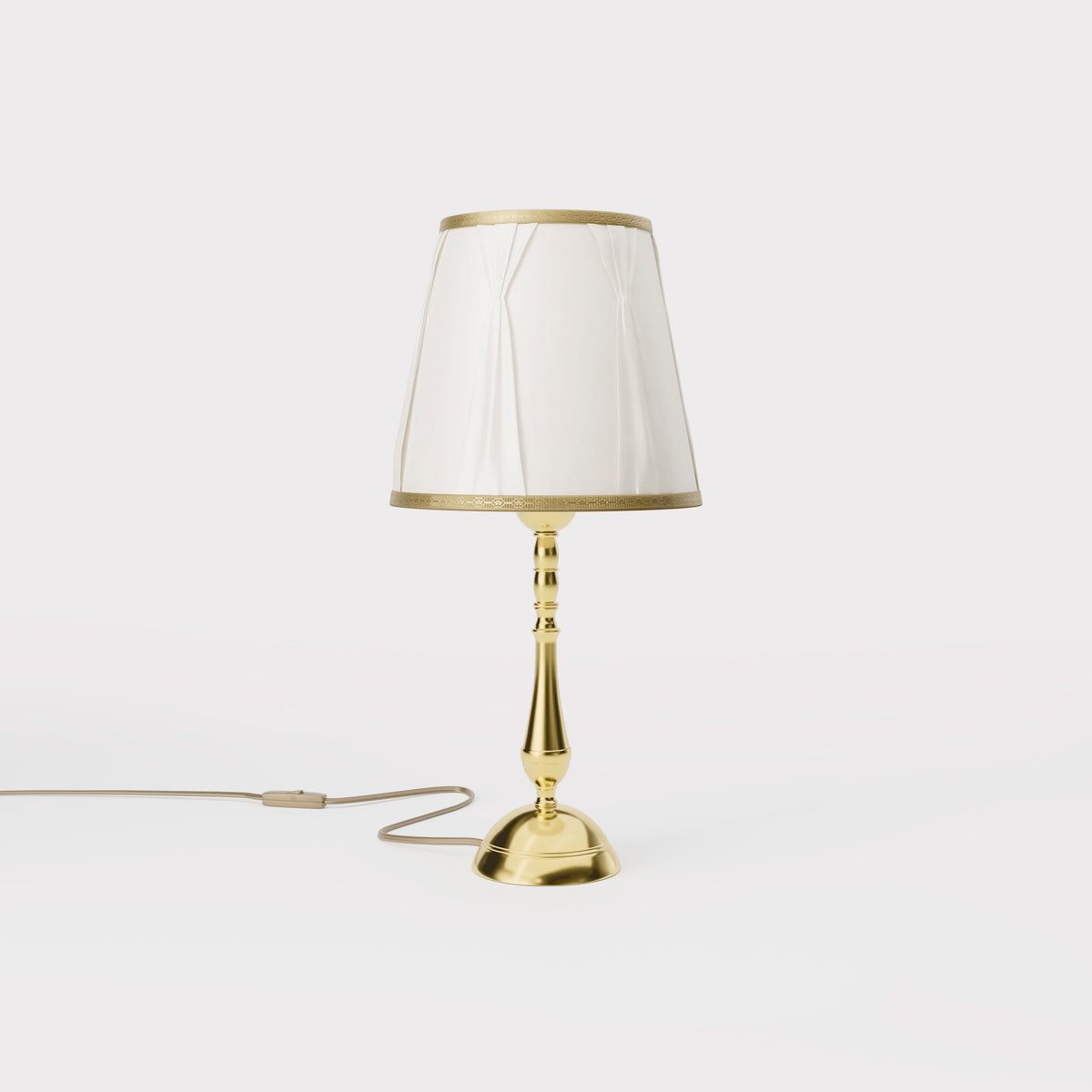 Classic brass table lamp with ivory fabric shade and decorative trims, round base and turned stem by Ghidini 1849 - Dimension/Finish: Small / OLV Polished Brass