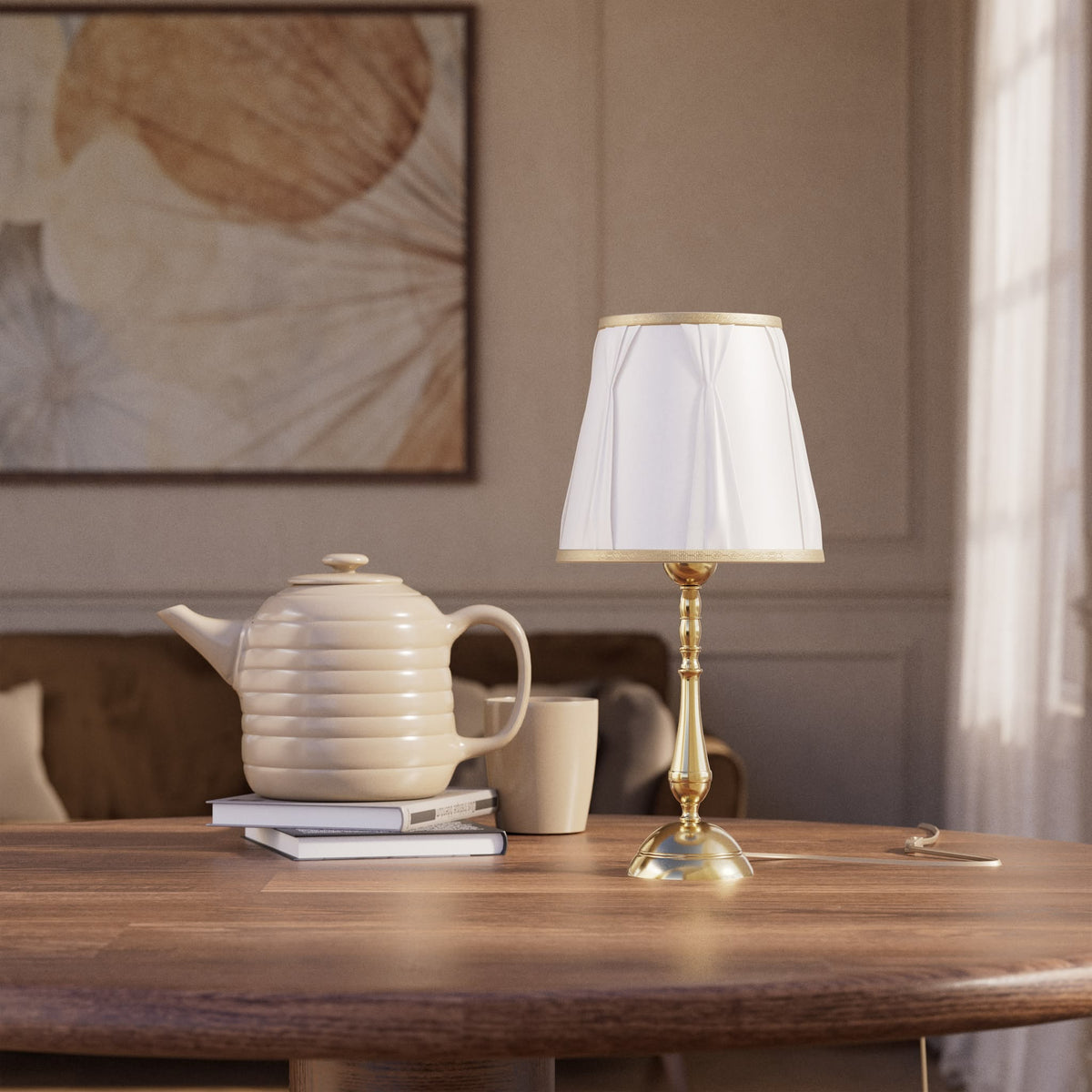 Classic brass table lamp with ivory fabric shade and decorative trims, round base and turned stem by Ghidini 1849 - Dimension/Finish: Small / OLV Polished Brass