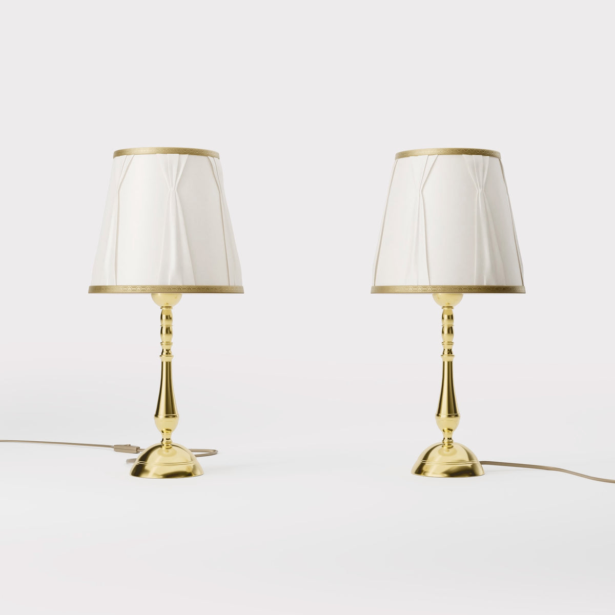Classic brass table lamp with ivory fabric shade and decorative trims, round base and turned stem by Ghidini 1849 - Dimension/Finish: Small / OLV Polished Brass
