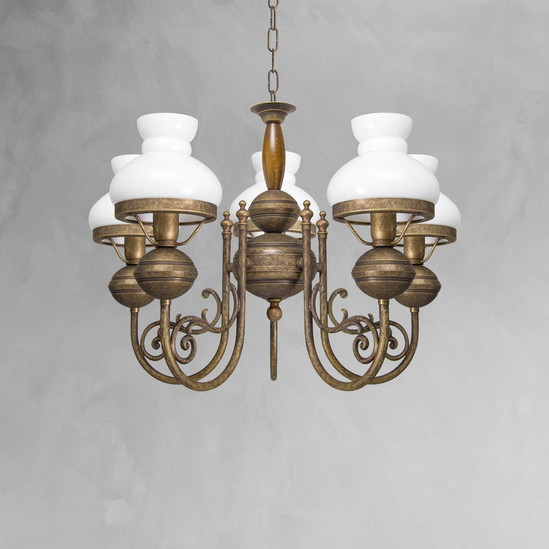 Marine Chandelier In Antique Brass And White Glasses Ghidini 1849