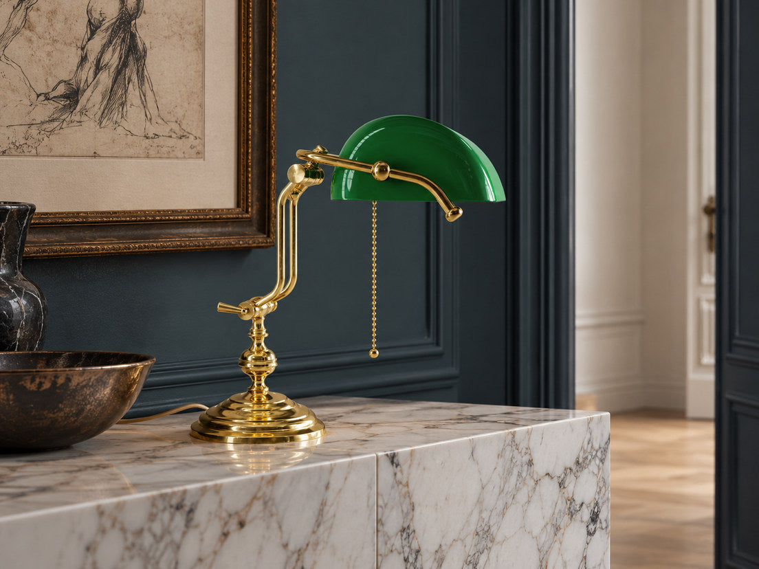 Ministero brass banker’s lamp with a green glass shade on a marble cabinet