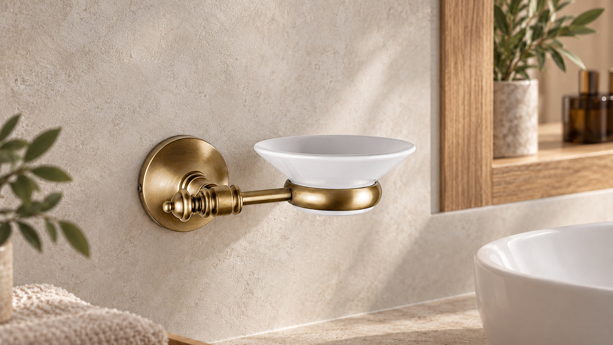 Olimpo Seifenschale aus Keramik mit Wandhalterung aus satiniertem Messing neben einem Waschbecken.