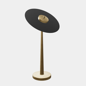 Table lamp with matte black vinyl-inspired shade, brass structure, and integrated LED. Elegant, adjustable, and unique design by Ghidini 1849 - Finish: OBV Bronze Satin Light Brass