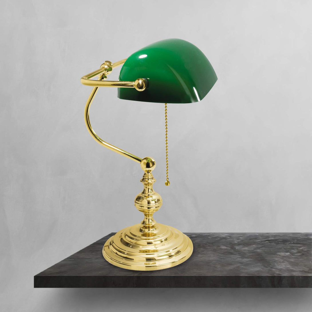 Retro Bankers Lamp Real Brass Green Glass Shade Ghidini 1849