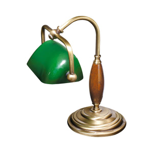 Small Brass Bankers Lamp Wood Insert Green Shade by Ghidini 1849