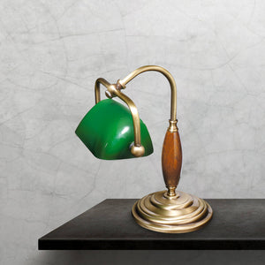 Small Brass Bankers Lamp Wood Insert Green Shade by Ghidini 1849