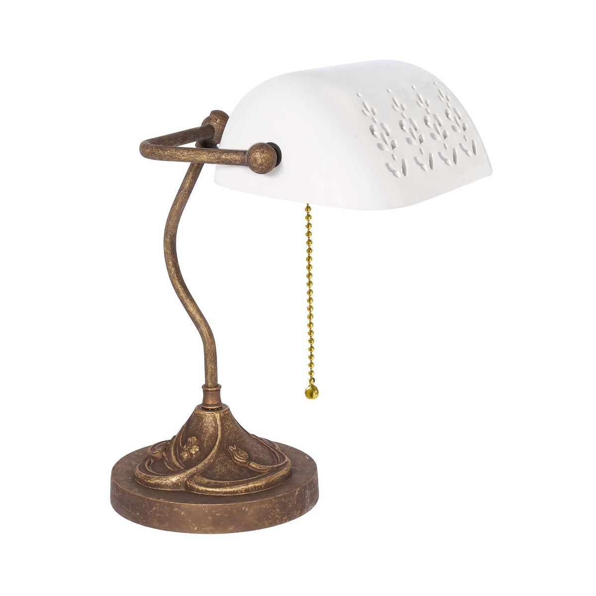 Jugendstil Tischlampe Mit Durchbrochener Keramik - OAS Antik Messing